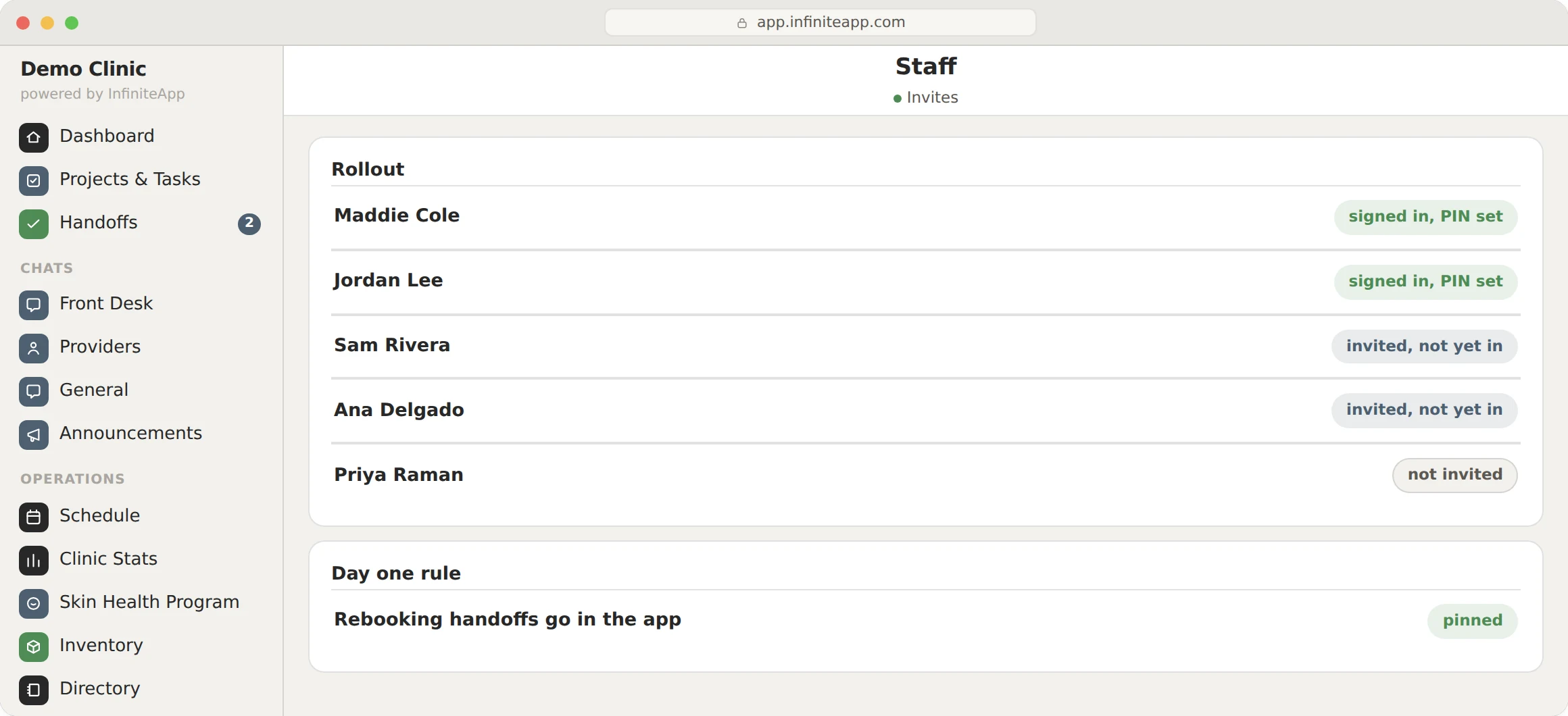 InfiniteApp: Rolling out. Who has signed in and set a PIN, who is still invited, and the pinned day-one rule.