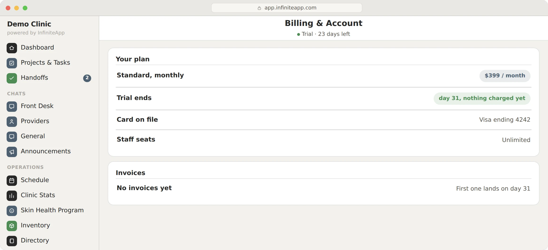 InfiniteApp: Billing and Account. Your plan, how many trial days are left, and the card Stripe is holding.
