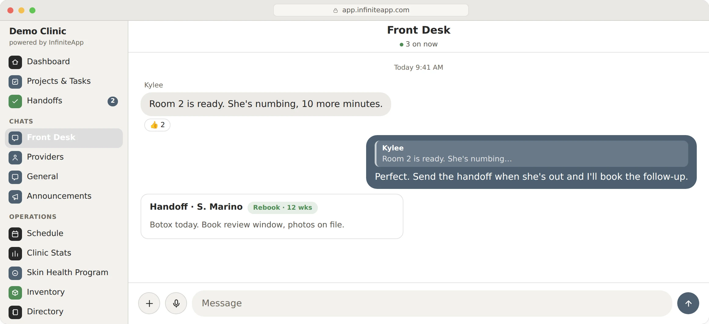 InfiniteApp: The four channels. Front Desk, Providers, General and Announcements in the sidebar, with a conversation running.