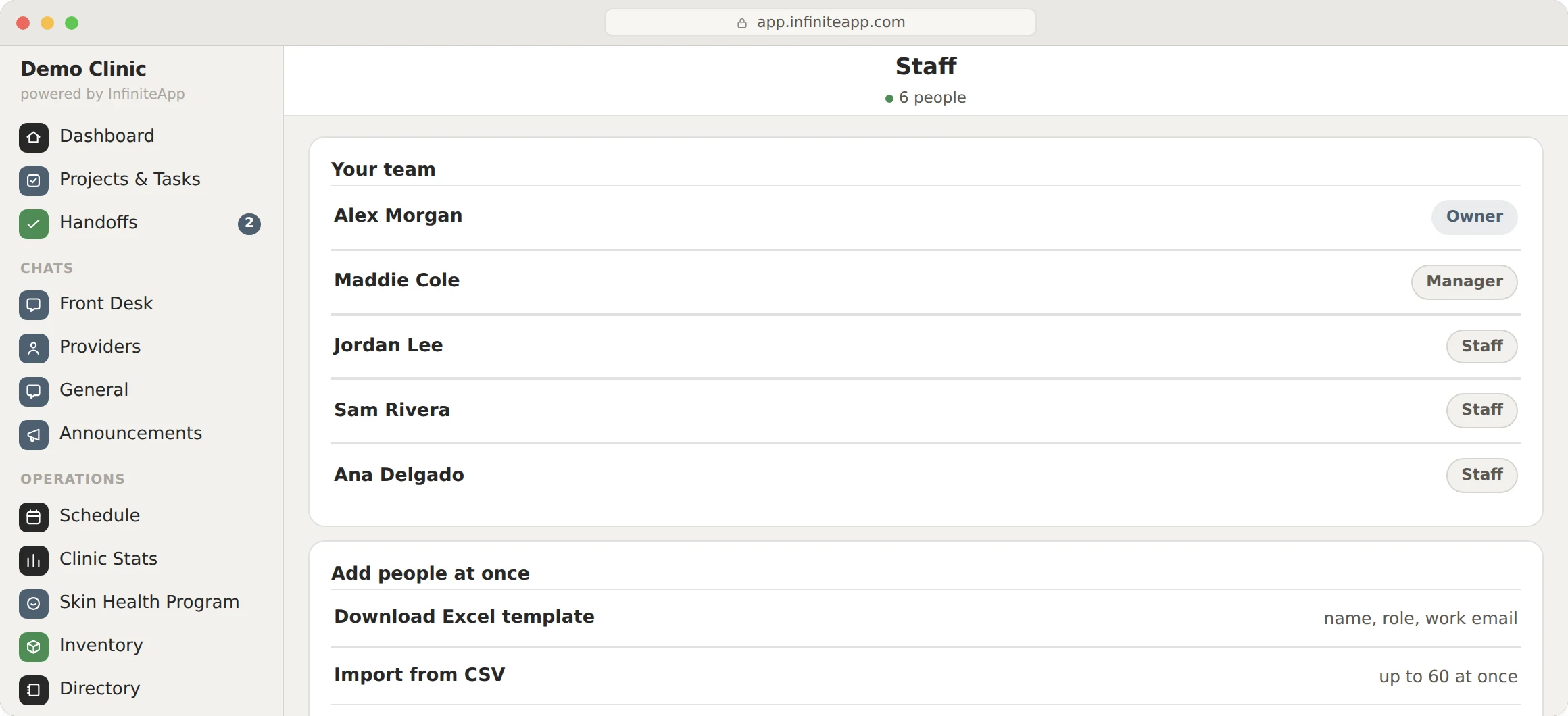 InfiniteApp: Settings, Staff. The roster with roles, plus the Excel template and CSV import.