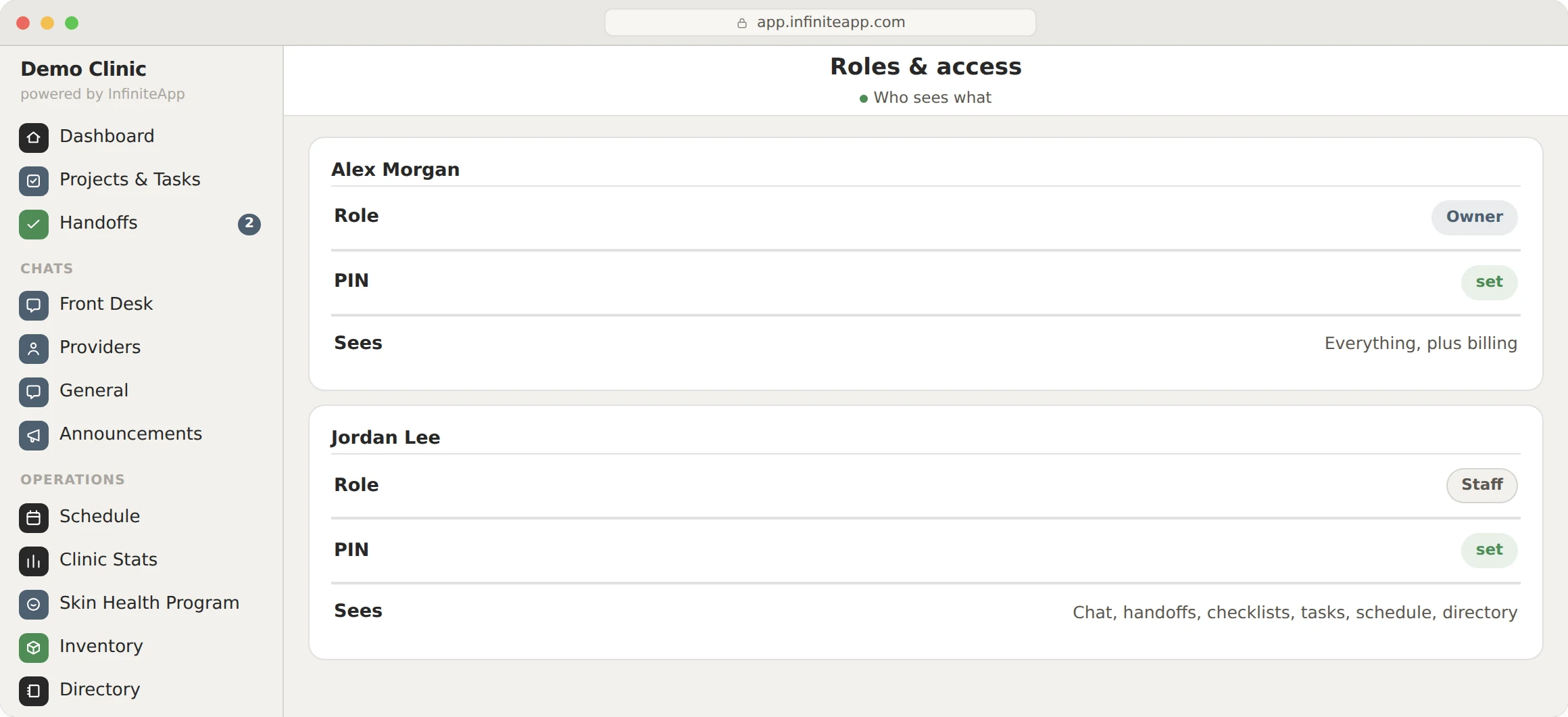 InfiniteApp: Roles and access. What an owner sees against what a staff member sees, and whether each PIN is set.