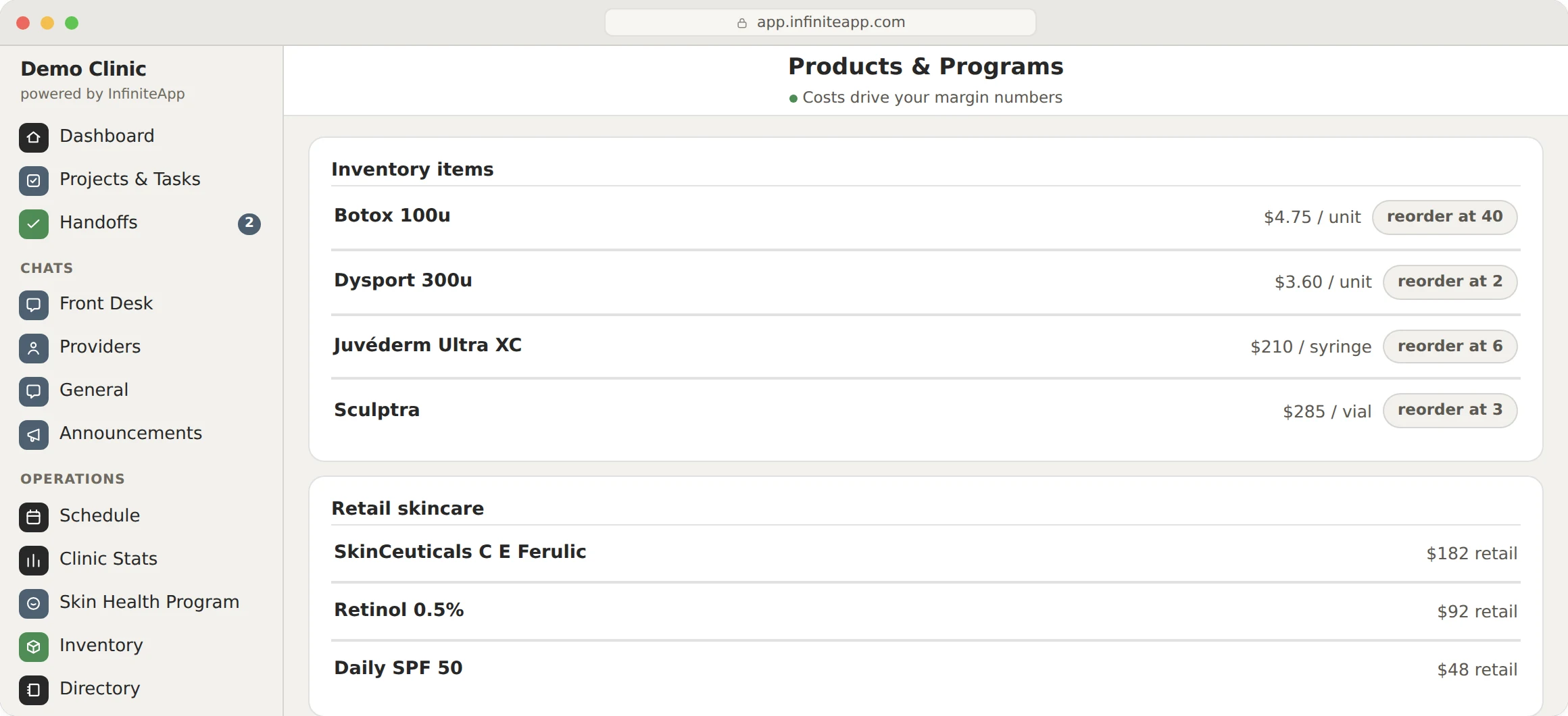InfiniteApp: Products and Programs. Inventory items with unit costs and reorder points, and retail skincare with prices.