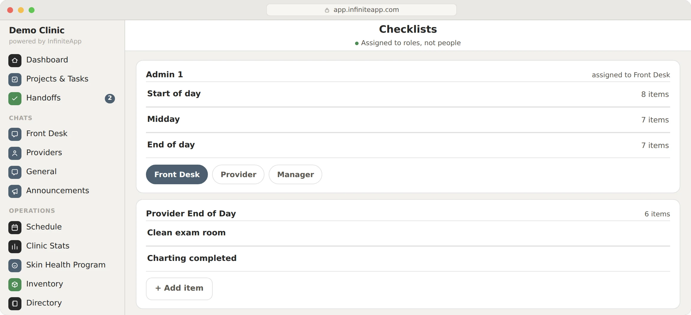 InfiniteApp: Settings, Checklists. A list broken into sections, assigned to a role rather than a person.