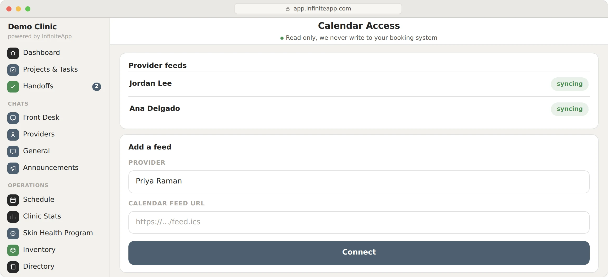 InfiniteApp: Calendar Access. Provider feeds syncing, and the form for adding the next one.