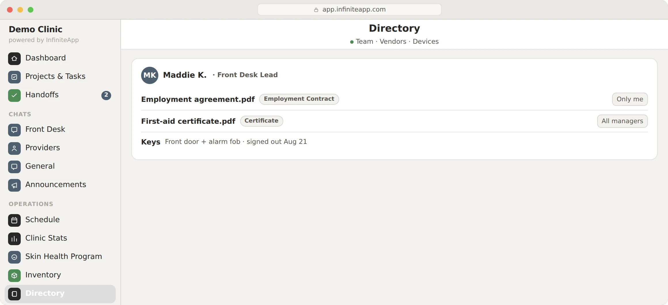 InfiniteApp: The directory. A team member with their documents, each file set to who can see it.