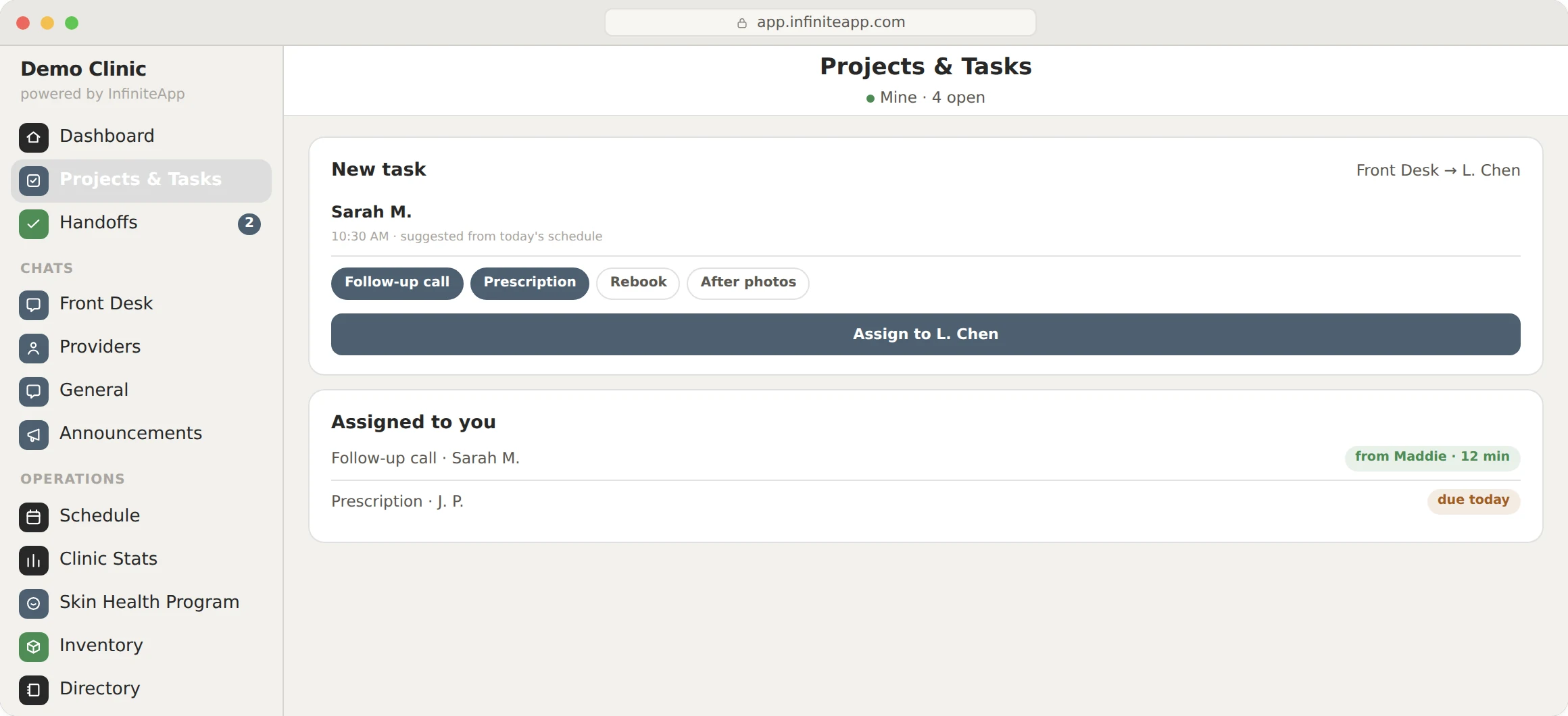 InfiniteApp: Projects and Tasks. A new task with the patient filled in, and what is already assigned to you.