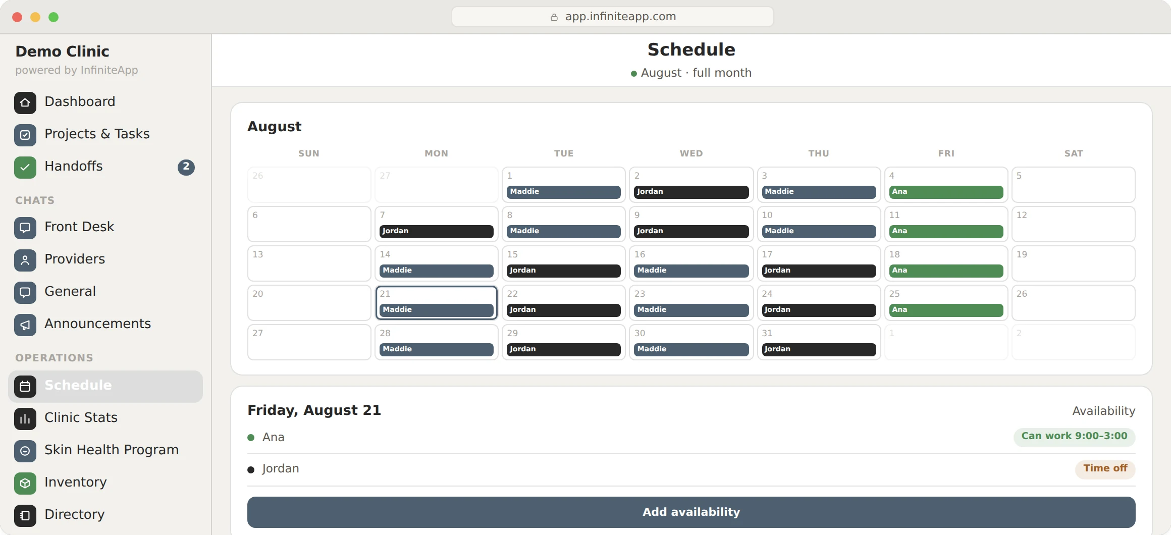 InfiniteApp: The schedule. The full month with admin shifts, provider columns and availability underneath.