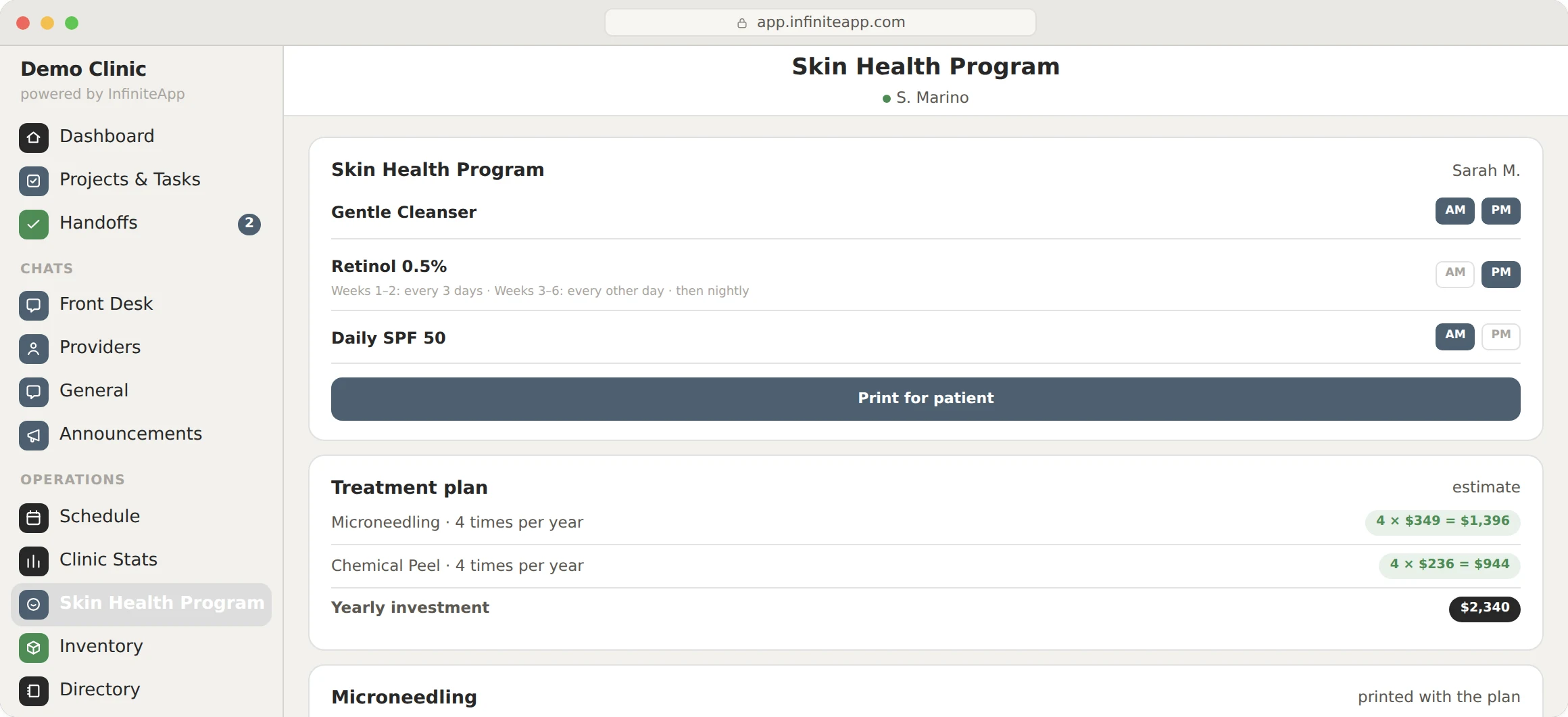 InfiniteApp: A patient plan. AM and PM routine with the retinol ramp-up, and the treatment plan priced by year.