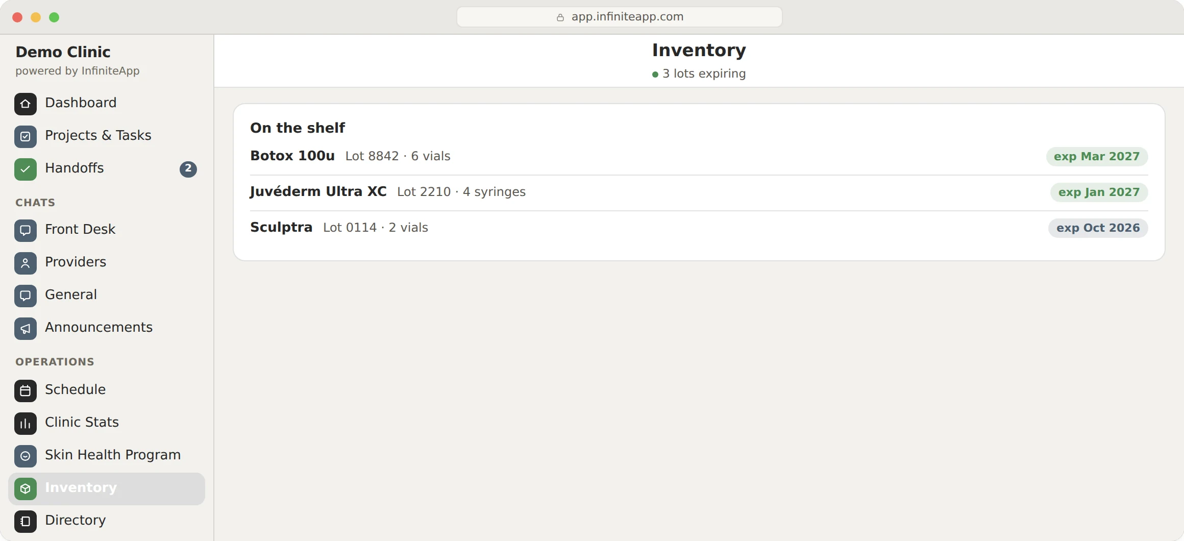 InfiniteApp: Inventory. What is on the shelf with lot numbers and expiry dates.